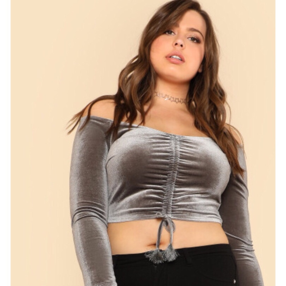 New Grey Velvet Ruched Fringe Off the Shoulder Top